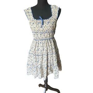 Japna Blue Beige Floral Ruched Sundress – Size M – Summer Boho Chic